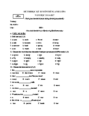 2 Đề thi học kỳ II môn Tiếng Anh Lớp 6 - Năm học 2016-2017